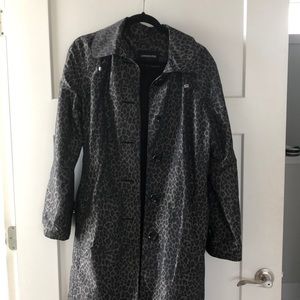 Leopard print trench coat with hood.